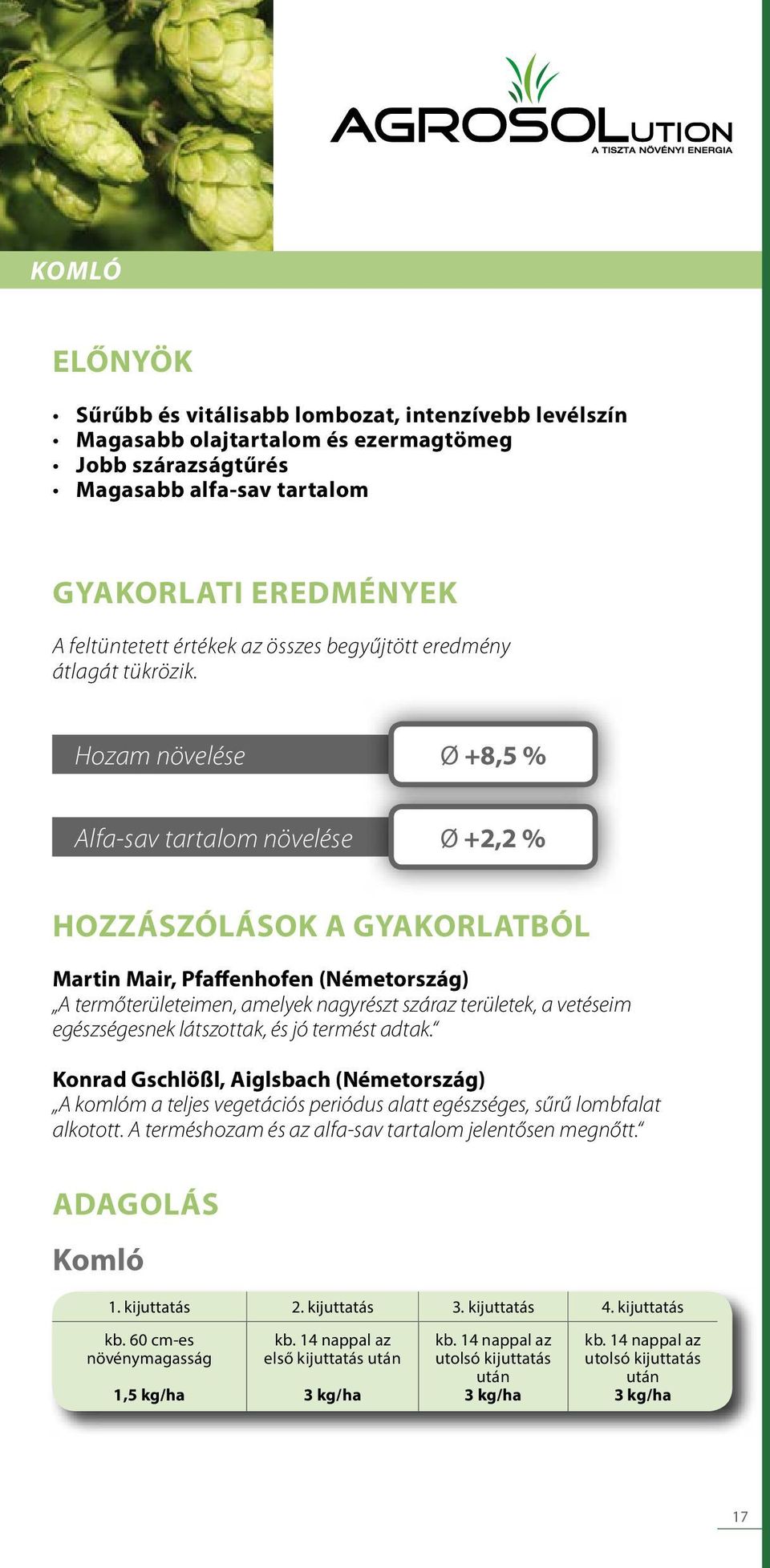 Hozam növelése Ø +8,5 % Alfa-sav tartalom növelése Ø +2,2 % HOZZÁSZÓLÁSOK A GYAKORLATBÓL Martin Mair, Pfaffenhofen (Németország) A termo területeimen, amelyek nagyrészt száraz területek, a vetéseim