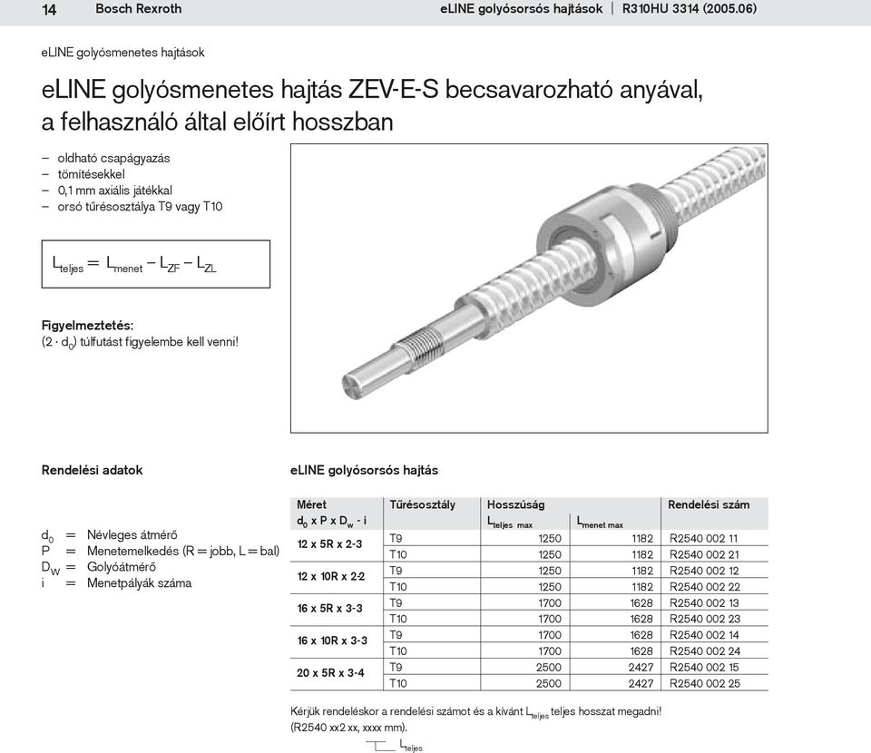 tűrésosztálya T9 vagy T10 L teljes = L menet L ZF L ZL Figyelmeztetés: (2 d 0 ) túlfutást figyelembe kell venni!