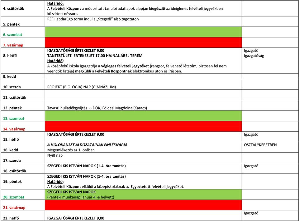 kedd TANTESTÜLETI ÉRTEKEZLET 17,00 HAJNAL ÁBEL TEREM A középfokú iskola igazgatója a végleges felvételi jegyzéket (rangsor, felvehető létszám, biztosan fel nem veendők listája) megküldi a Felvételi