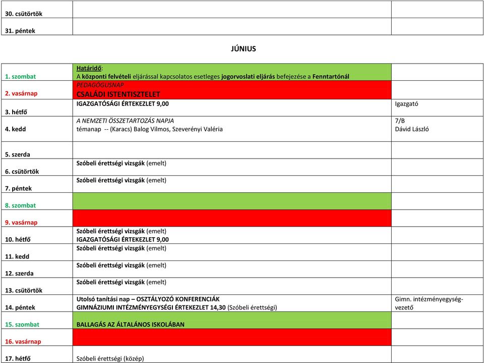 Vilmos, Szeverényi Valéria 7/B Dávid László 5. szerda 6. csütörtök 7. péntek 8. szombat 9. vasárnap 10. hétfő 11. kedd 12. szerda 13. csütörtök 14.
