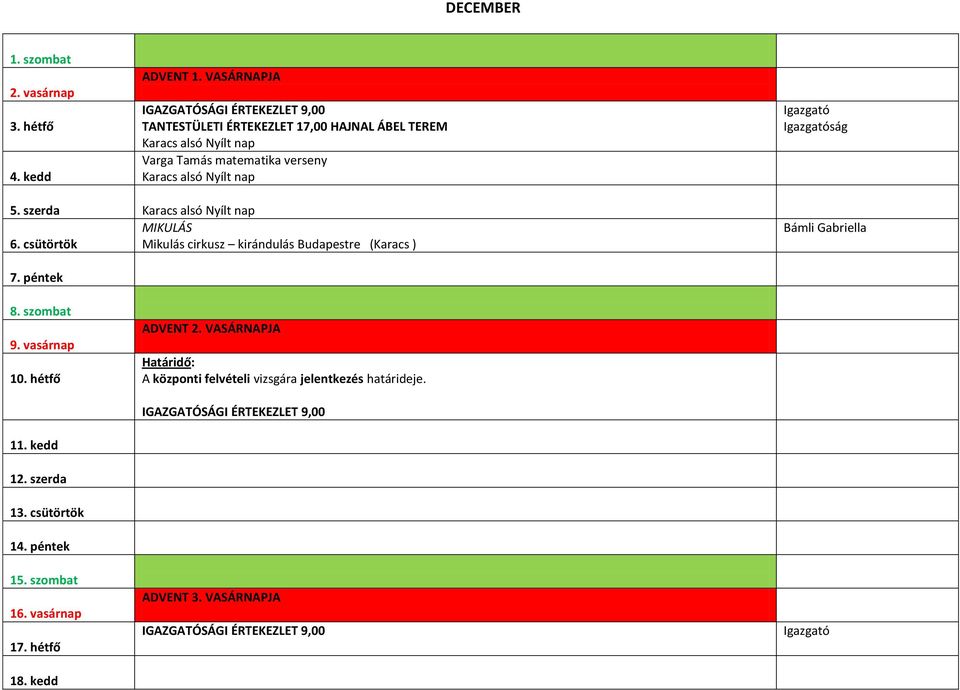 DECEMBER ság 5. szerda Karacs alsó Nyílt nap MIKULÁS 6. csütörtök Mikulás cirkusz kirándulás Budapestre (Karacs ) Bámli Gabriella 7.