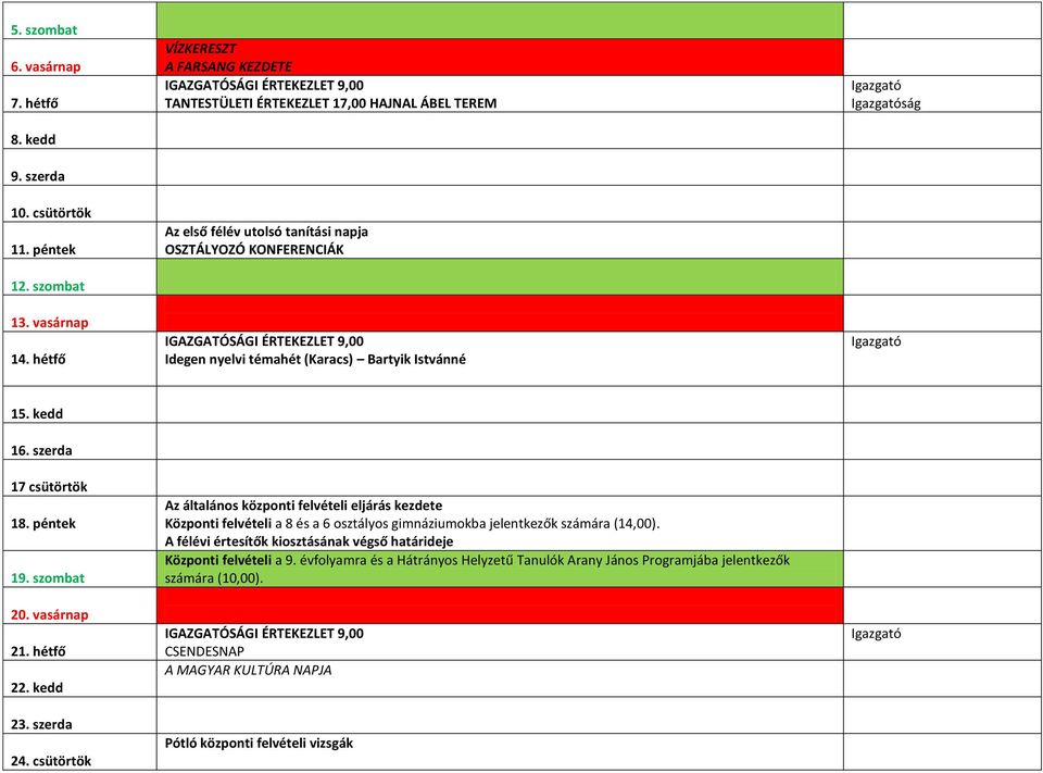 15. kedd 16. szerda 17 csütörtök 18. péntek 19. szombat 20. vasárnap 21. hétfő 22. kedd 23. szerda 24.