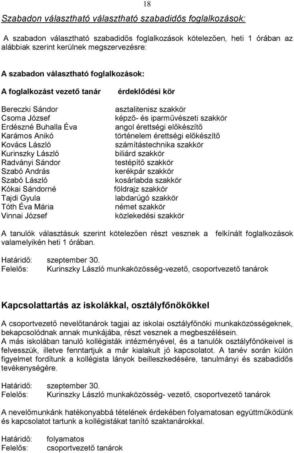 Sándorné Tajdi Gyula Tóth Éva Mária Vinnai József érdeklődési kör asztalitenisz szakkör képző- és iparművészeti szakkör angol érettségi előkészítő történelem érettségi előkészítő számítástechnika