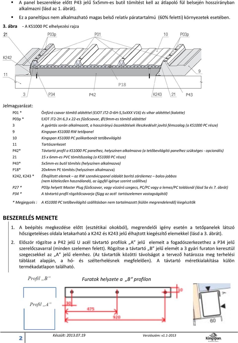 ábra - A KS1000 PC elhelyezési rajza P18 P42 P43 Jelmagyarázat: P01 * P03p * Önfúró csavar tömítő alátéttel (EJOT JT2-D-6H-5,5xXXX V16) és vihar alátéttel (kalotte) EJOT JT2-2H 6,3 x 22-es