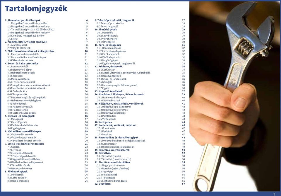 2 Lapvibrátorok 30 1.6 Létrák 6 10.3 Vibrohengerek 30 2. Áramfejlesztők, Világító állványok 7 10.4 Úthengerek 30 2.1 Áramfejlesztők 8 11. Fúró- és vésőgépek 31 2.2 Világító állványok 9 11.