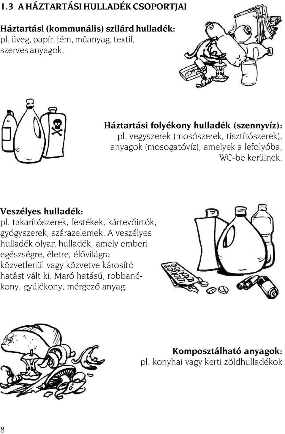 Veszélyes hulladék: pl. takarítószerek, festékek, kártevõirtók, gyógyszerek, szárazelemek.
