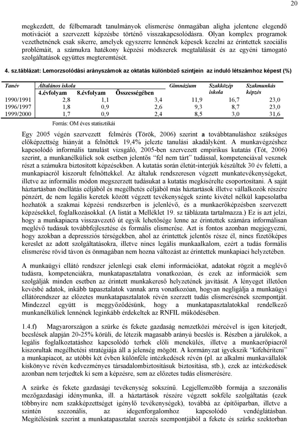 támogató szolgáltatások együttes megteremtését. 4. sz.táblázat: Lemorzsolódási arányszámok az oktatás különböző szintjein az induló létszámhoz képest (%) Tanév Általános iskola Gimnázium Szakközép Szakmunkás 4.