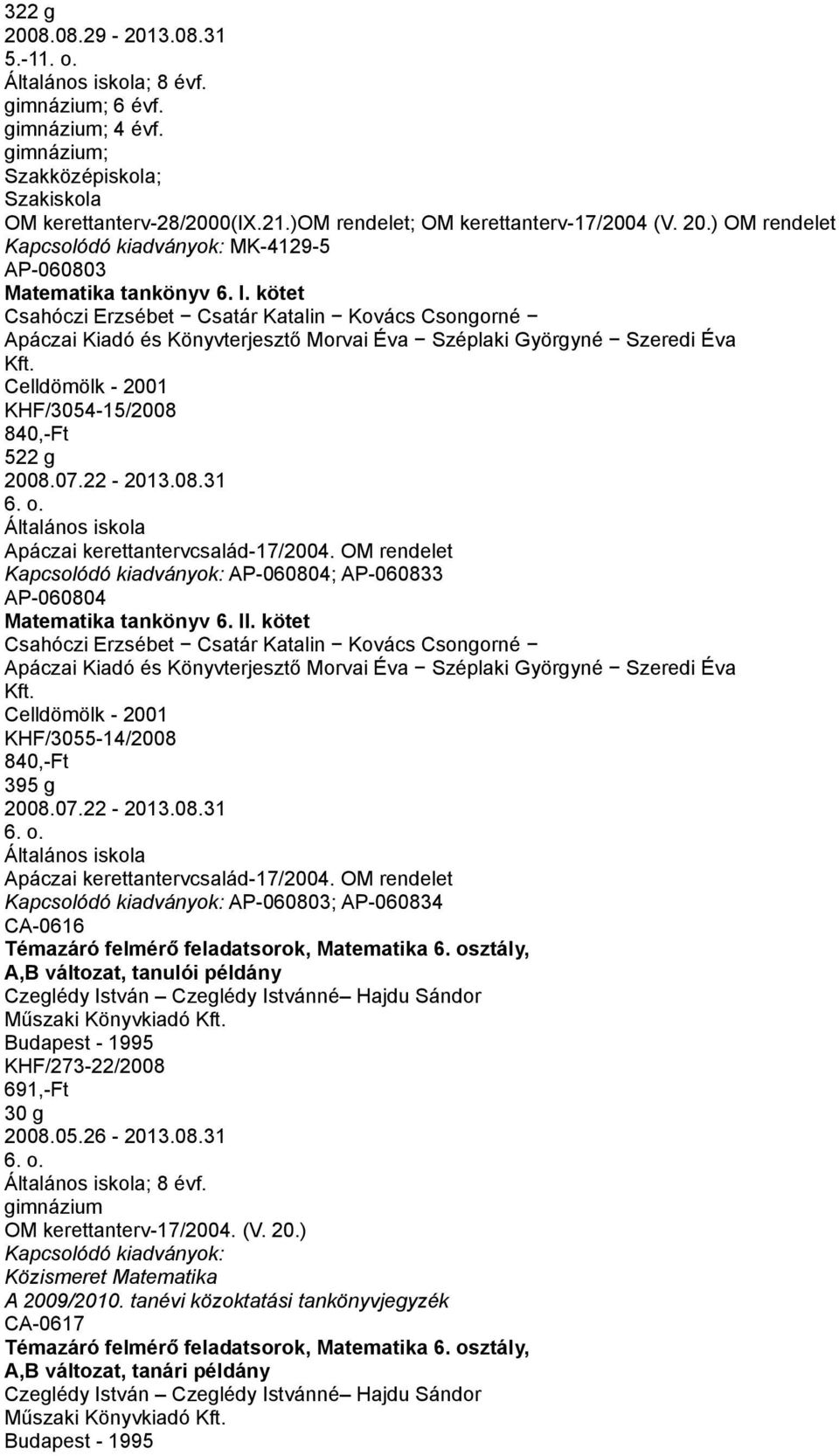 22-2013.08.31 Apáczai kerettantervcsalád-17/2004. OM rendelet AP-060804; AP-060833 AP-060804 Matematika tankönyv 6. II.