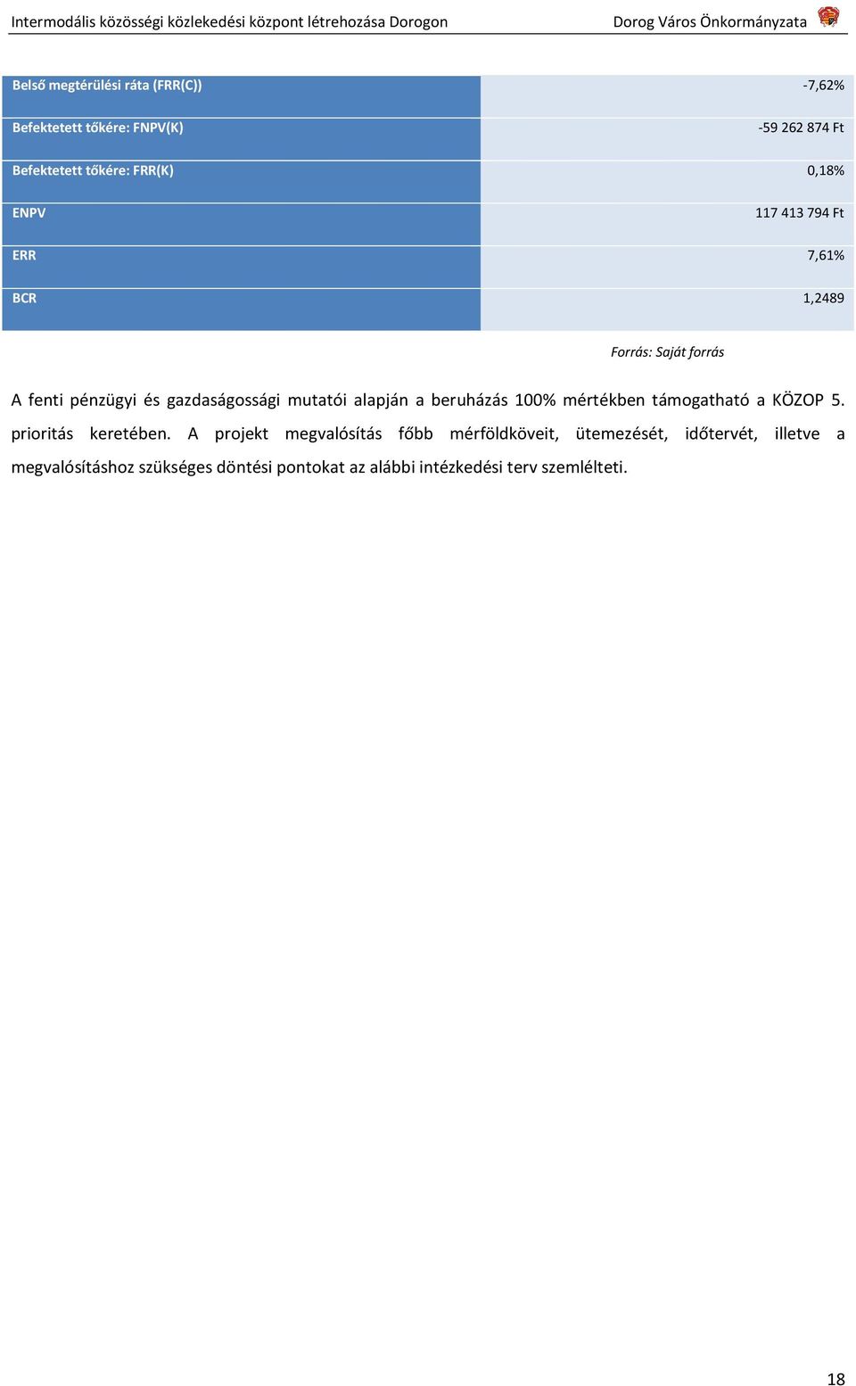 beruházás 100% mértékben támogatható a KÖZOP 5. prioritás keretében.