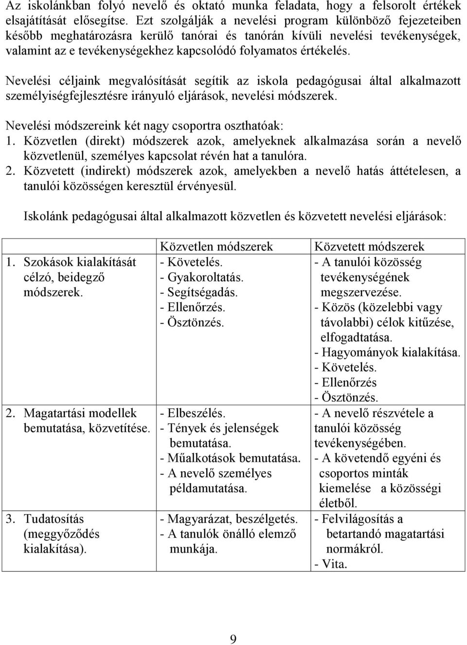 Nevelési céljaink megvalósítását segítik az iskola pedagógusai által alkalmazott személyiségfejlesztésre irányuló eljárások, nevelési módszerek. Nevelési módszereink két nagy csoportra oszthatóak: 1.