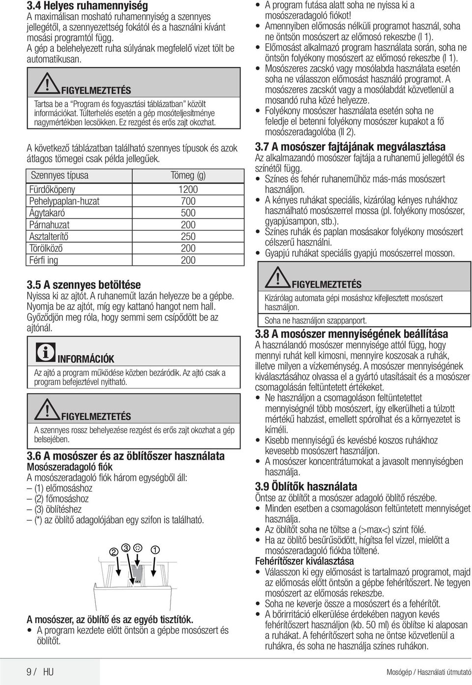 Túlterhelés esetén a gép mosóteljesítménye nagymértékben lecsökken. Ez rezgést és erős zajt okozhat. A következő táblázatban található szennyes típusok és azok átlagos tömegei csak példa jellegűek.