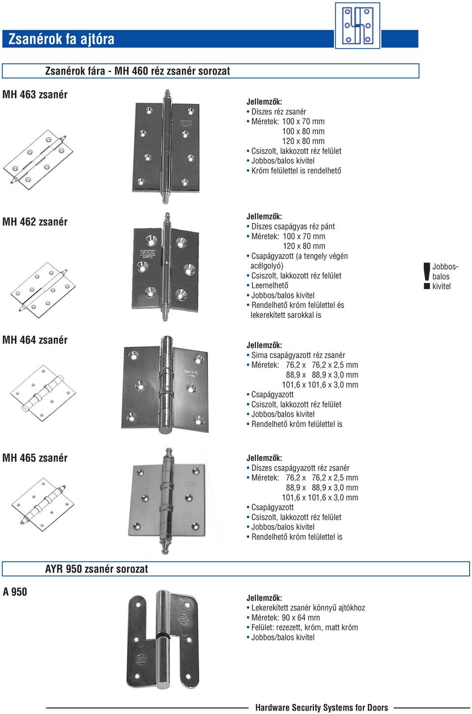 csapágyazott réz zsanér Méretek: 76,2 x 76,2 x 2,5 mm 88,9 x 88,9 x 3,0 mm Csapágyazott Rendelhetõ króm felülettel is MH 465 zsanér Díszes csapágyazott réz zsanér Méretek: 76,2 x