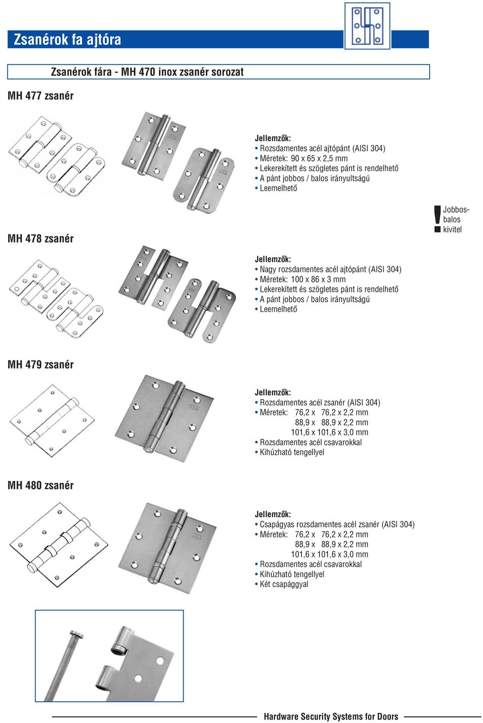 pánt jobbos / balos irányultságú Leemelhetô MH 479 zsanér Rozsdamentes acél zsanér (AISI 4) Méretek: 76,2 x 76,2 x 2,2 mm 88,9 x 88,9 x 2,2 mm Rozsdamentes acél csavarokkal