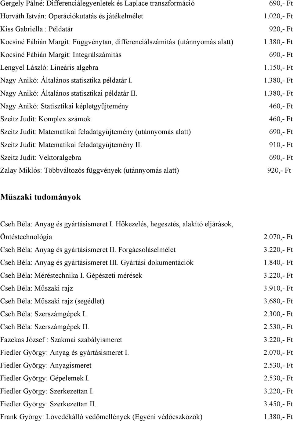 Nagy Anikó: Statisztikai képletgyűjtemény Szeitz Judit: Komplex számok Szeitz Judit: Matematikai feladatgyűjtemény (utánnyomás alatt) Szeitz Judit: Matematikai feladatgyűjtemény II.