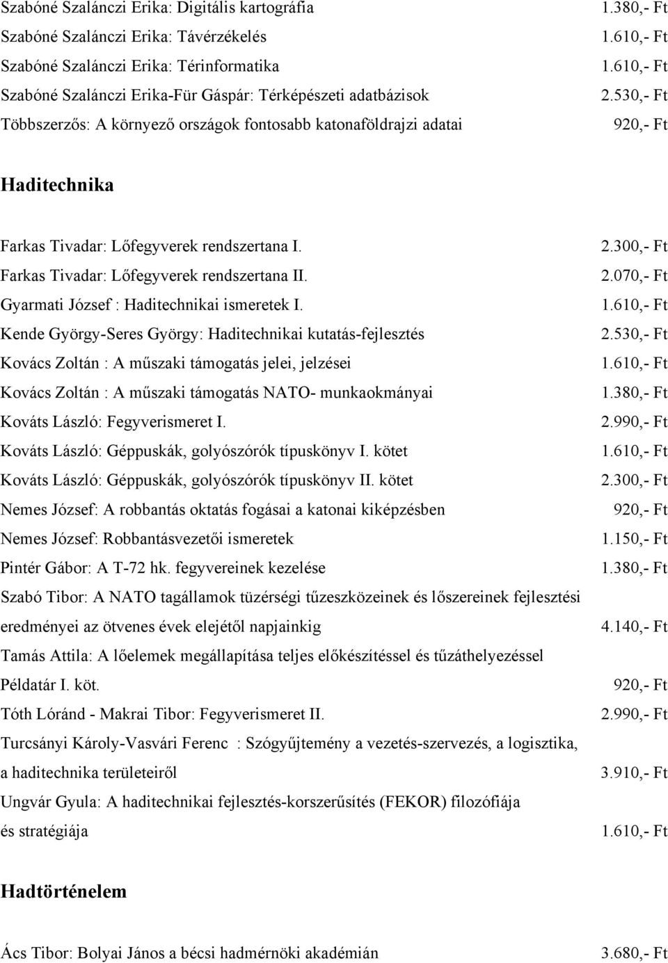 Kende György-Seres György: Haditechnikai kutatás-fejlesztés Kovács Zoltán : A műszaki támogatás jelei, jelzései Kovács Zoltán : A műszaki támogatás NATO- munkaokmányai Kováts László: Fegyverismeret I.