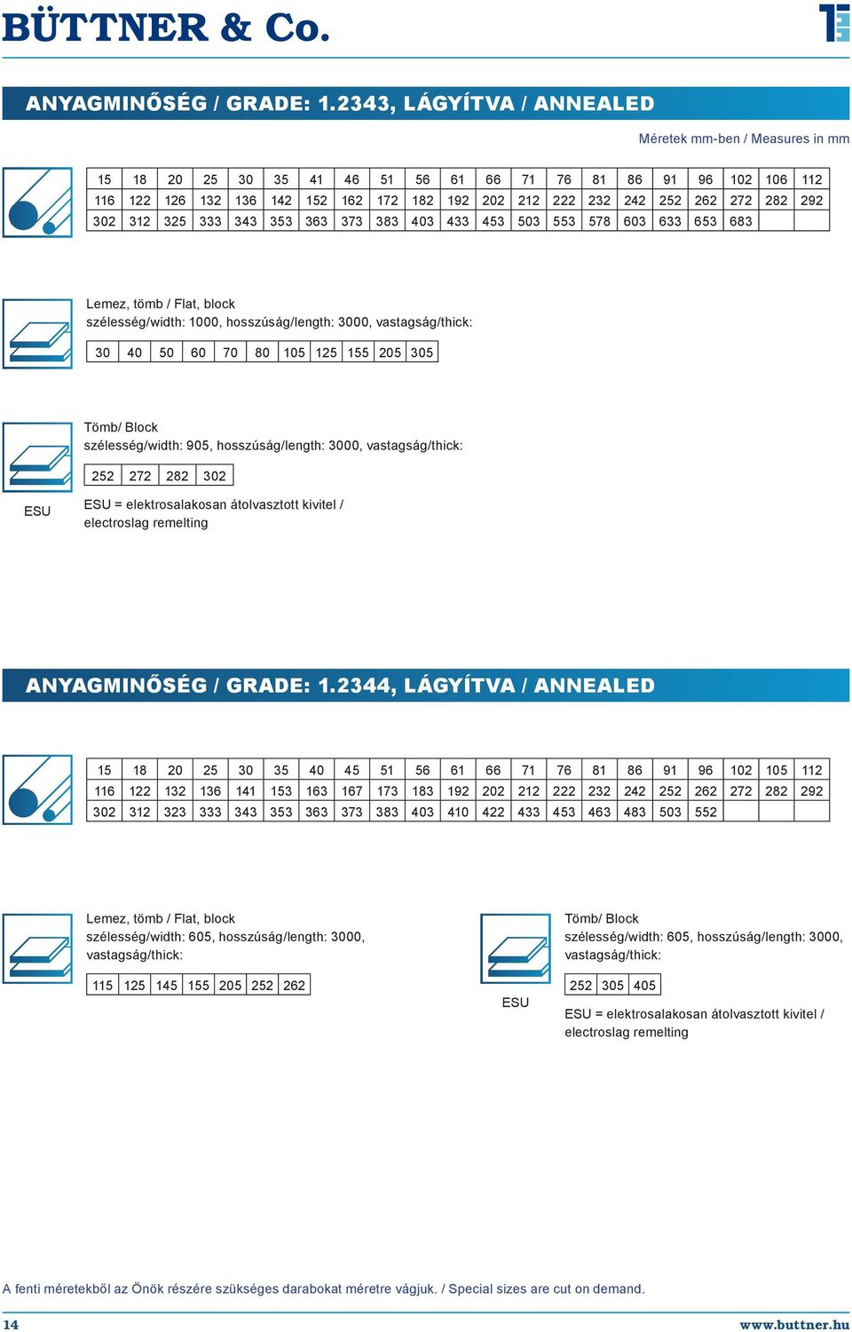 363 373 383 403 433 453 503 553 578 603 633 653 683 Lemez, tömb / Flat, block szélesség/width: 1000, hosszúság/length: 3000, vastagság/thick: 30 40 50 60 70 80 105 125 155 205 305 Tömb/ Block