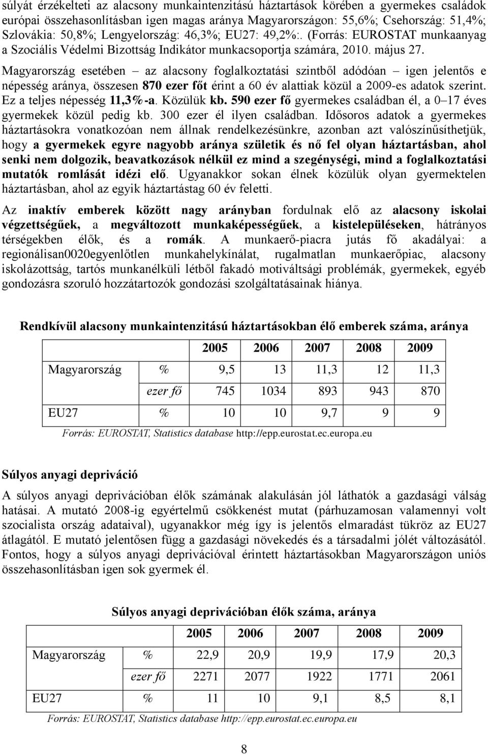 Magyarország esetében az alacsony foglalkoztatási szintből adódóan igen jelentős e népesség aránya, összesen 870 ezer főt érint a 60 év alattiak közül a 2009-es adatok szerint.