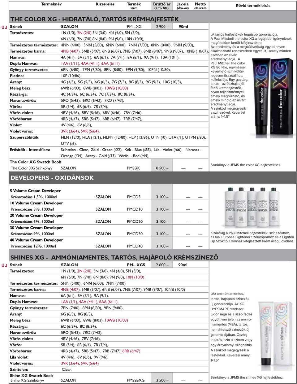 A Paul Mitchell the color XG a legújabb igényeknek Természetes természetes: 4NN (4/00), 5NN (5/00), 6NN (6/00), 7NN (7/00), 8NN (8/00), 9NN (9/00), megfelelően került kifejlesztésre.