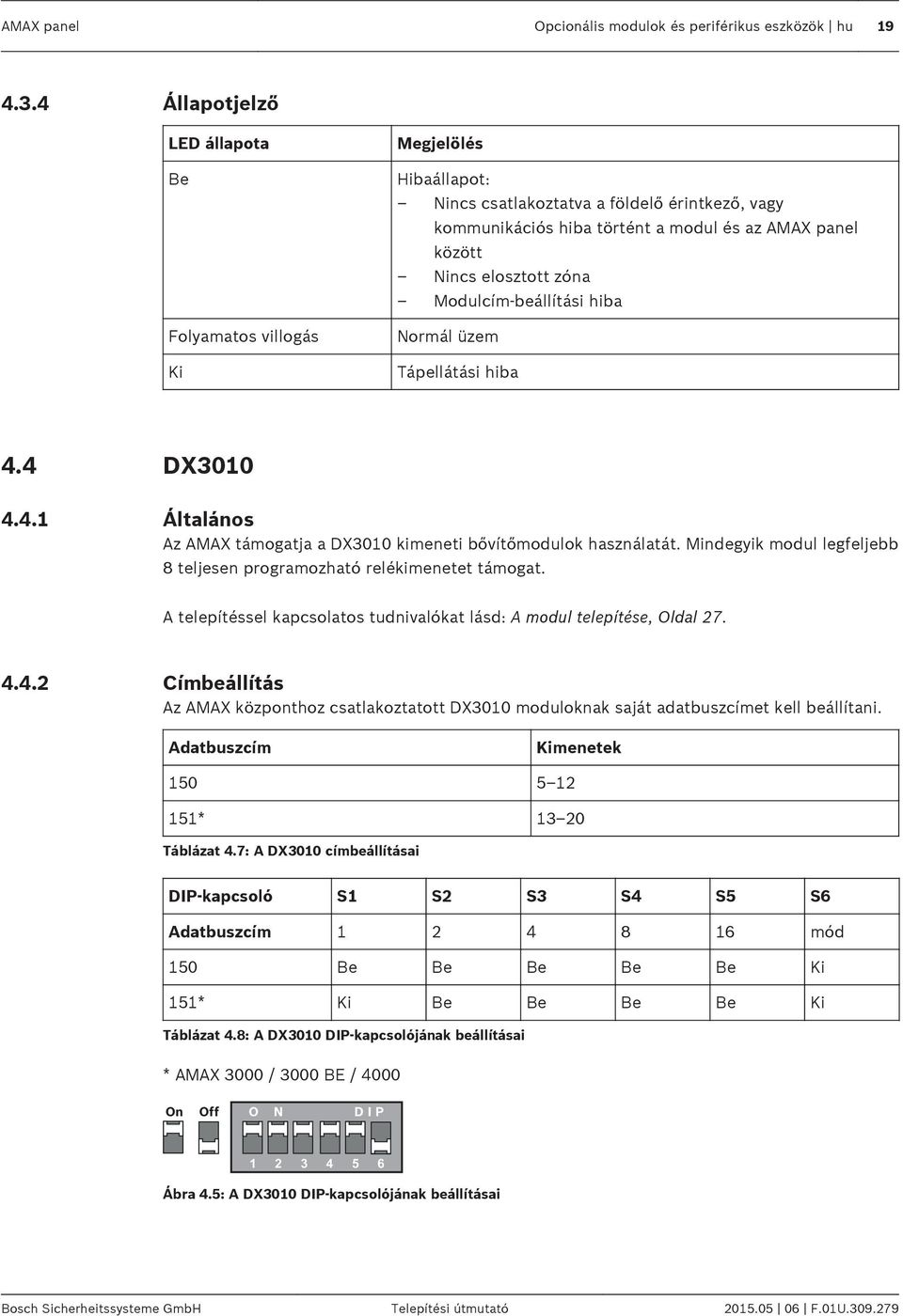 zóna Modulcím-beállítási hiba Normál üzem Tápellátási hiba 4.4 DX3010 4.4.1 Általános Az AMAX támogatja a DX3010 kimeneti bővítőmodulok használatát.