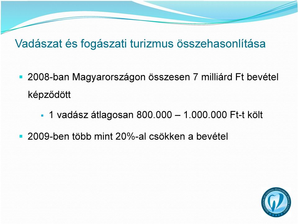 bevétel képződött 1 vadász átlagosan 800.000 