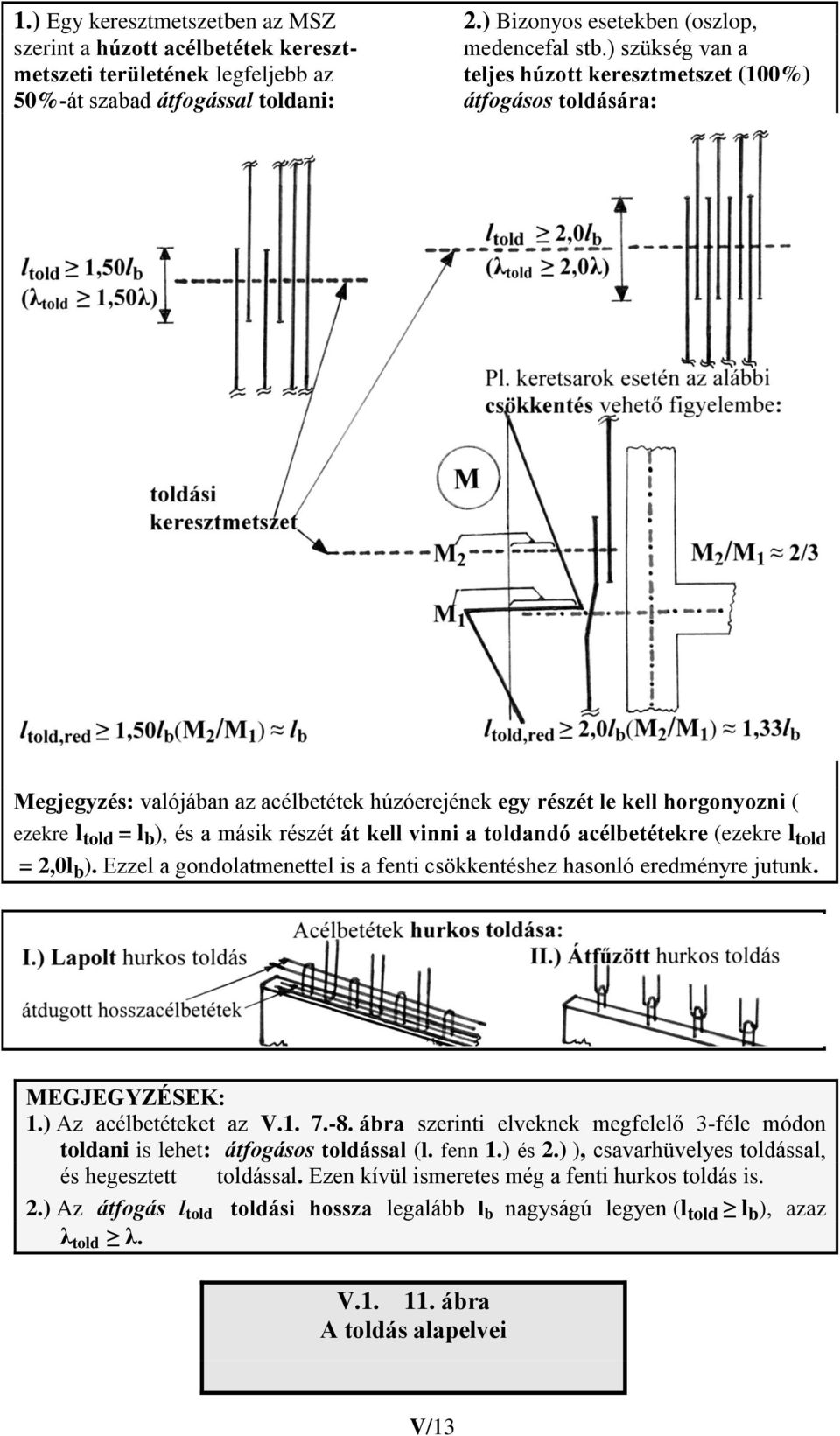 részét le kell horgonyozni ( ezekre l told = l b ), és a másik részét át kell vinni a toldandó acélbetétekre (ezekre l told = 2,0l b ).