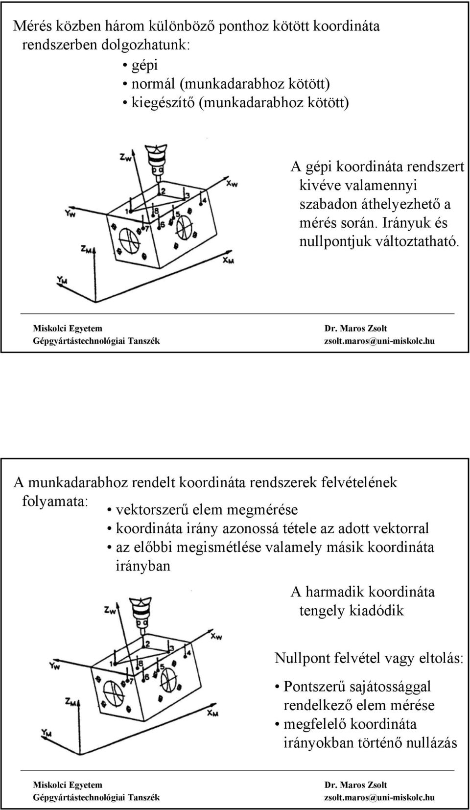 A munkadarabhoz rendelt koordináta rendszerek felvételének folyamata: vektorszerű elem megmérése koordináta irány azonossá tétele az adott vektorral az előbbi