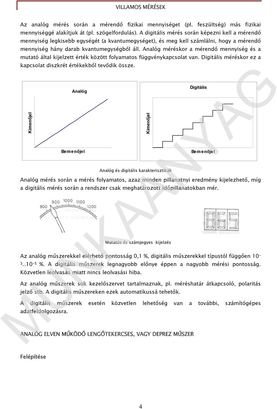 Analóg méréskor a mérendő mennyiség és a mutató által kijelzett érték között folyamatos függvénykapcsolat van. Digitális méréskor ez a kapcsolat diszkrét értékekből tevődik össze.
