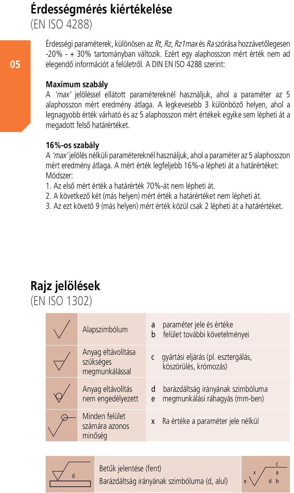 A DIN EN ISO 4288 szerint: Maximum szabály A max jelöléssel ellátott paramétereknél használjuk, ahol a paraméter az 5 alaphosszon mért eredmény átlaga.