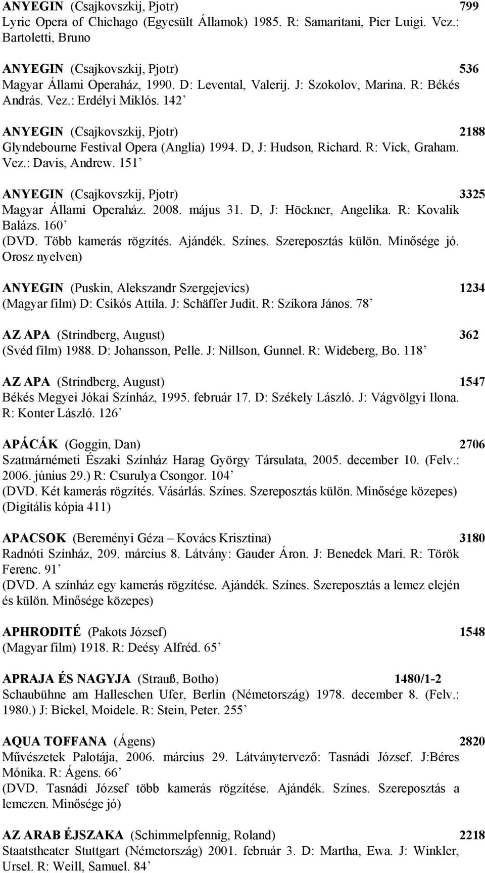 R: Vick, Graham. Vez.: Davis, Andrew. 151 ANYEGIN (Csajkovszkij, Pjotr) 3325 Magyar Állami Operaház. 2008. május 31. D, J: Höckner, Angelika. R: Kovalik Balázs. 160 (DVD. Több kamerás rögzítés.