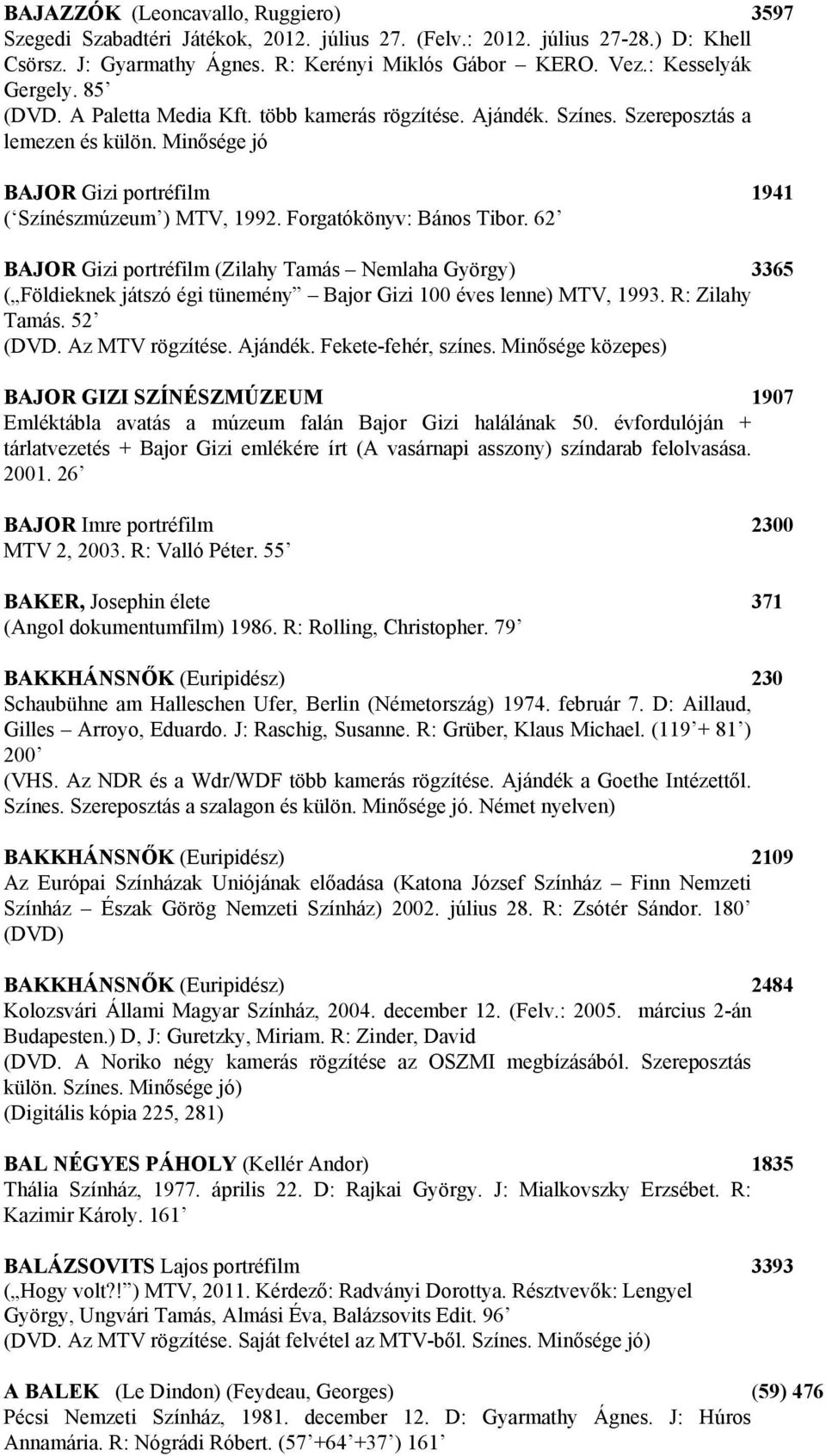 Forgatókönyv: Bános Tibor. 62 BAJOR Gizi portréfilm (Zilahy Tamás Nemlaha György) 3365 ( Földieknek játszó égi tünemény Bajor Gizi 100 éves lenne) MTV, 1993. R: Zilahy Tamás. 52 (DVD.