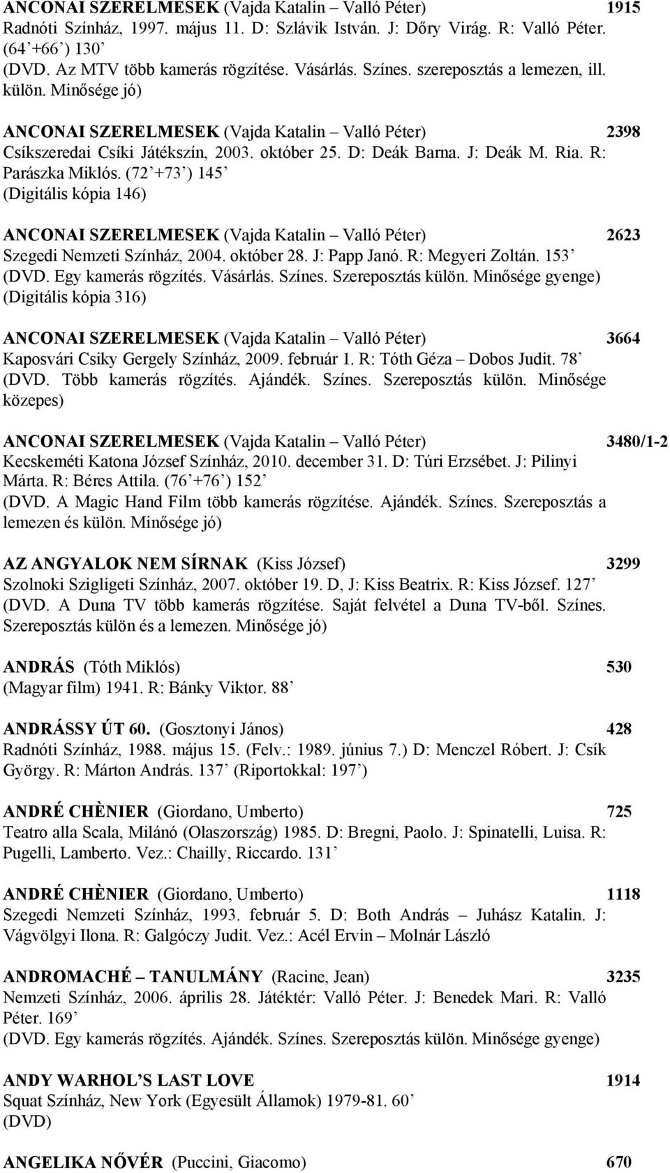 R: Parászka Miklós. (72 +73 ) 145 (Digitális kópia 146) ANCONAI SZERELMESEK (Vajda Katalin Valló Péter) 2623 Szegedi Nemzeti Színház, 2004. október 28. J: Papp Janó. R: Megyeri Zoltán. 153 (DVD.