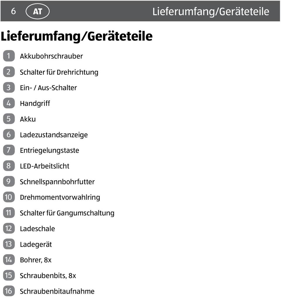 Entriegelungstaste 8 LED-Arbeitslicht 9 Schnellspannbohrfutter 10 Drehmomentvorwahlring 11