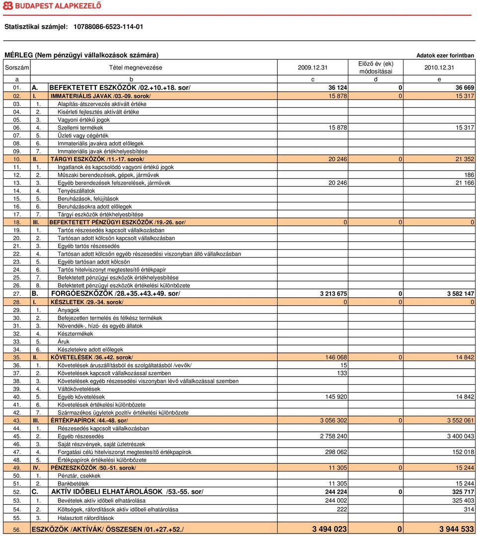 Kisérleti fejlesztés aktívált értéke 05. 3. Vagyoni értékő jogok 06. 4. Szellemi termékek 15 878 15 317 07. 5. Üzleti vagy cégérték 08. 6. Immateriális javakra adott elılegek 09. 7.
