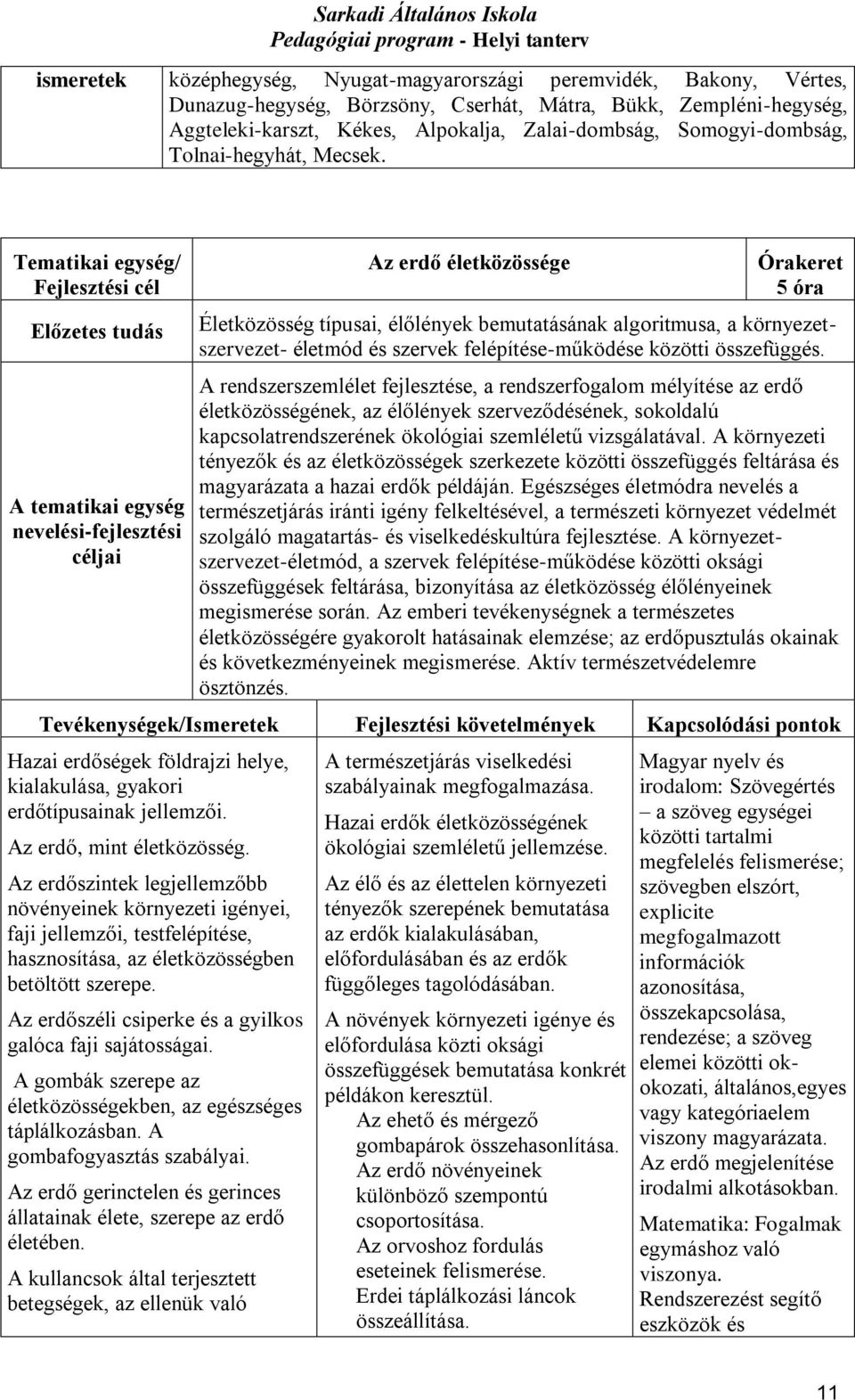 Tematikai egység/ Fejlesztési cél Előzetes tudás A tematikai egység nevelési-fejlesztési céljai Az erdő életközössége Órakeret 5 óra Életközösség típusai, élőlények bemutatásának algoritmusa, a