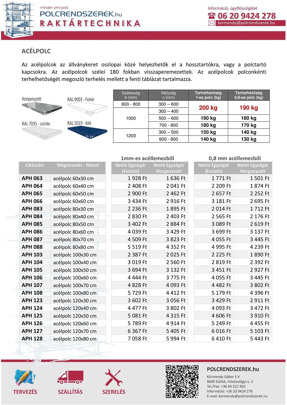 Szélesség b (mm) Mélység c (mm) 600-800 300 600 1000 1200 300 400 Terhelhetőség 1-es polc (kg) Terhelhetőség 0,8-as polc (kg) 200 kg 190 kg 500 600 190 kg 180 kg 700-800 180 kg 170 kg 300 500 150 kg