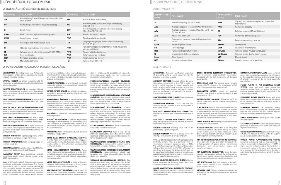 maradó teljesítmény mennyisége RIRT Rendszerirányítói tartalék EXIM Import-export szaldó TBP Tényleges bejáratási próba HH Hőszolgáltatás miatti változó hiány TIT Ténylegesen igénybe vehető