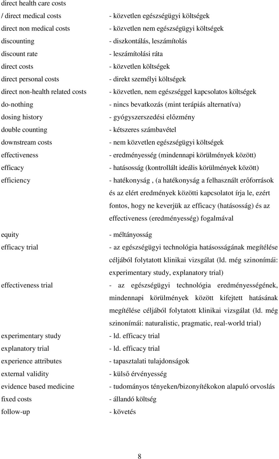 do-nothing - nincs bevatkozás (mint terápiás alternatíva) dosing history - gyógyszerszedési elızmény double counting - kétszeres számbavétel downstream costs - nem közvetlen egészségügyi költségek