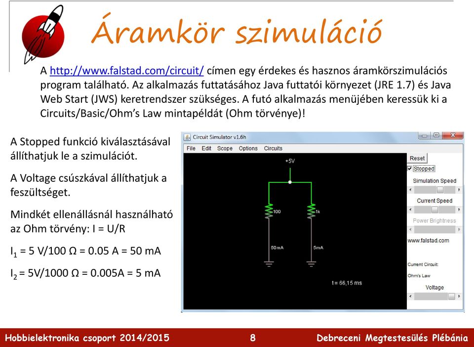 A futó alkalmazás menüjében keressük ki a Circuits/Basic/Ohm s Law mintapéldát (Ohm törvénye)!