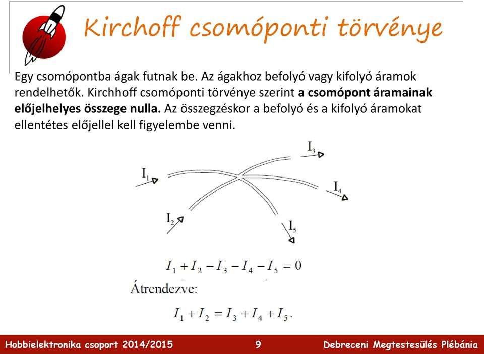 Kirchhoff csomóponti törvénye szerint a csomópont áramainak előjelhelyes