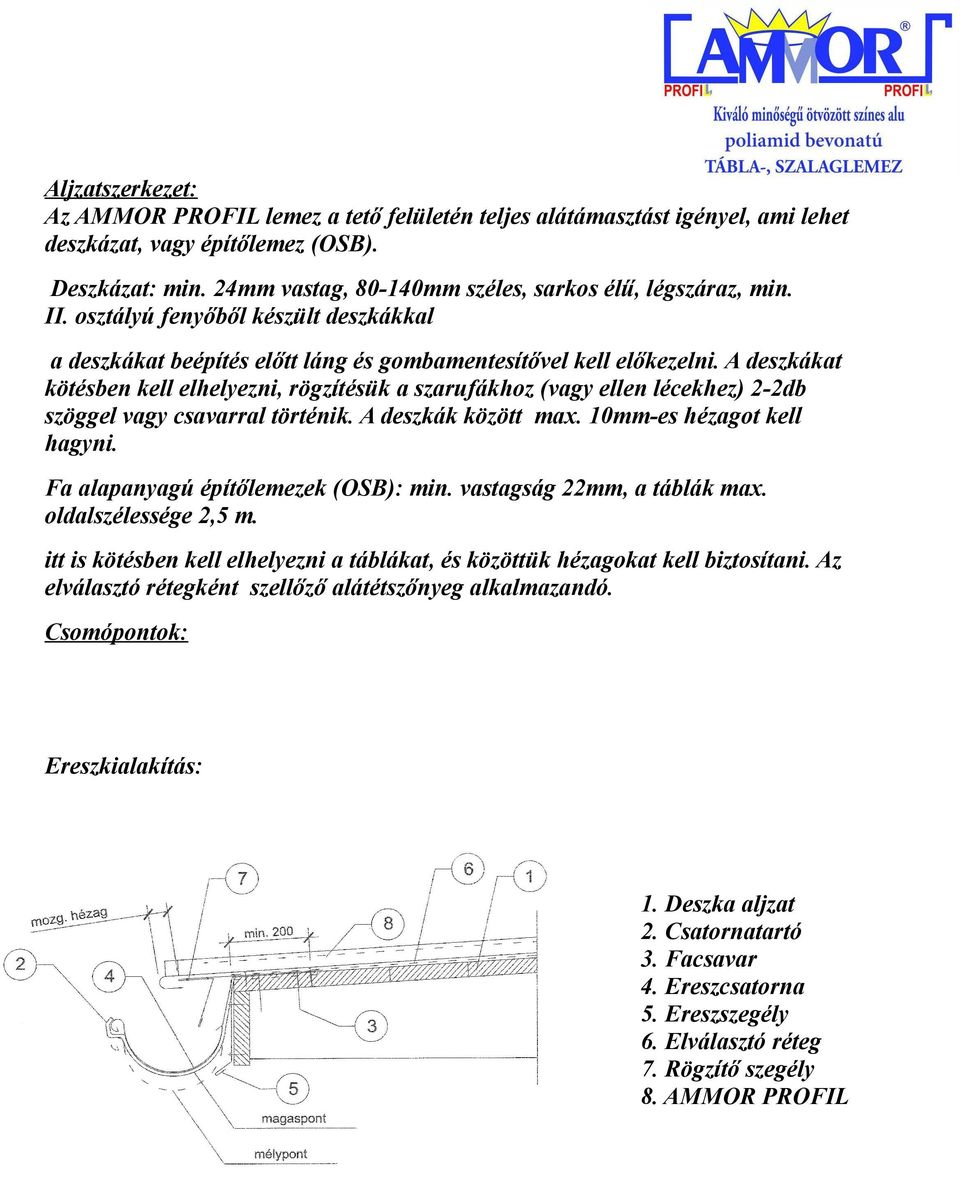 A deszkákat kötésben kell elhelyezni, rögzítésük a szarufákhoz (vagy ellen lécekhez) 2-2db szöggel vagy csavarral történik. A deszkák között max. 10mm-es hézagot kell hagyni.