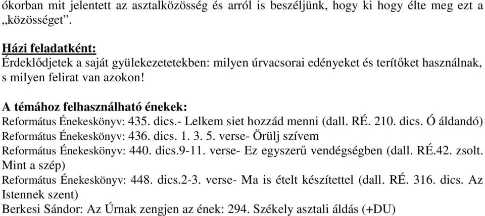 A témához felhasználható énekek: Református Énekeskönyv: 435. dics.- Lelkem siet hozzád menni (dall. RÉ. 210. dics. Ó áldandó) Református Énekeskönyv: 436. dics. 1. 3. 5.