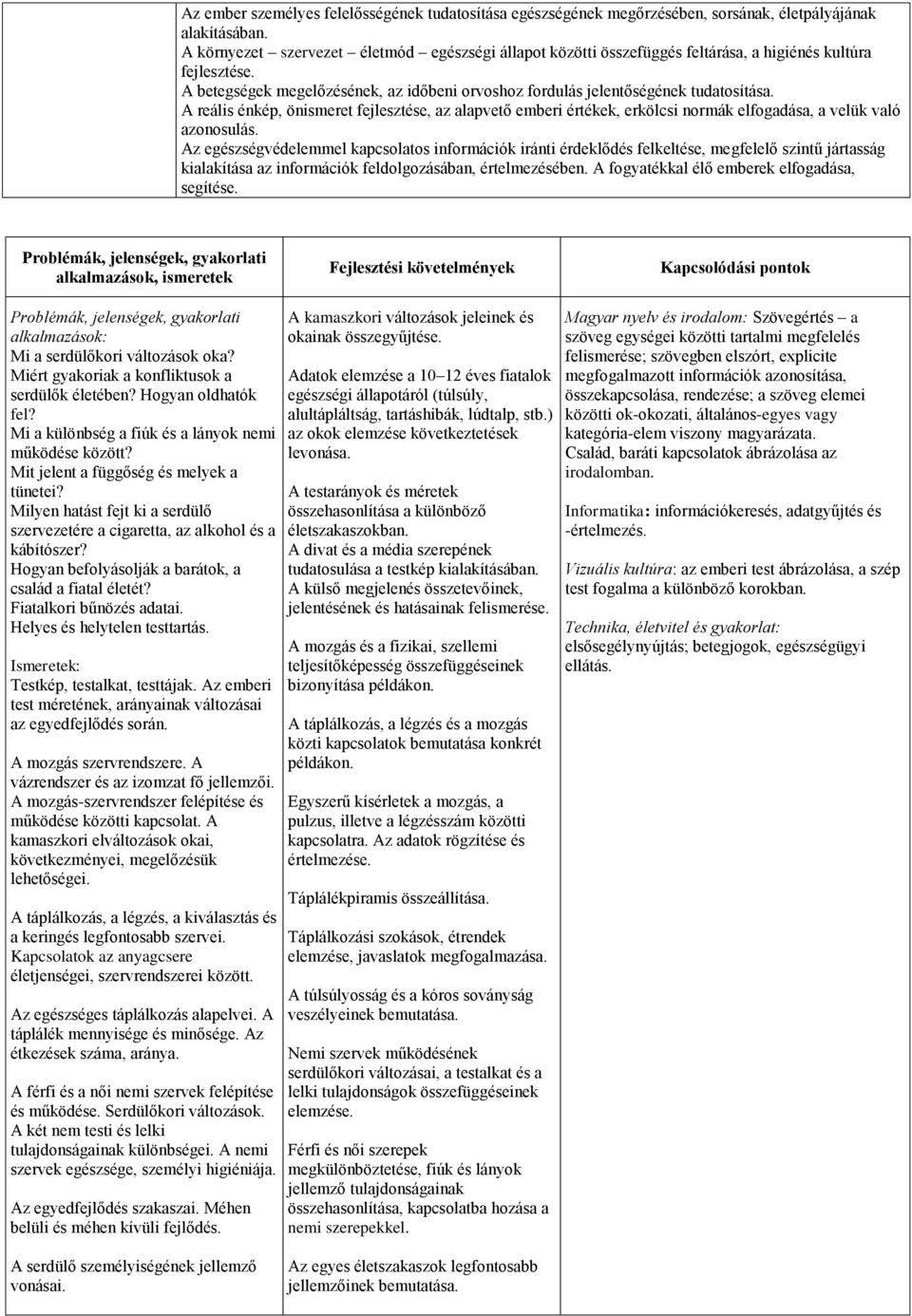 A reális énkép, önismeret fejlesztése, az alapvető emberi értékek, erkölcsi normák elfogadása, a velük való azonosulás.