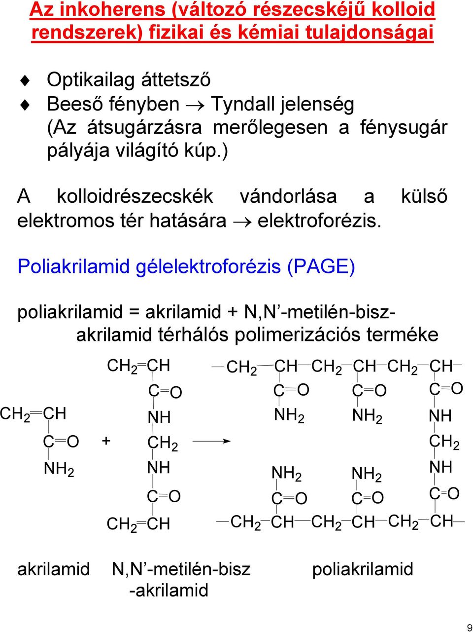 Poliakrilamid gélelektroforézis (PAGE) poliakrilamid = akrilamid + N,N -metilén-biszakrilamid térhálós polimerizációs terméke CH C O + NH 2 CH 2 CH C O NH