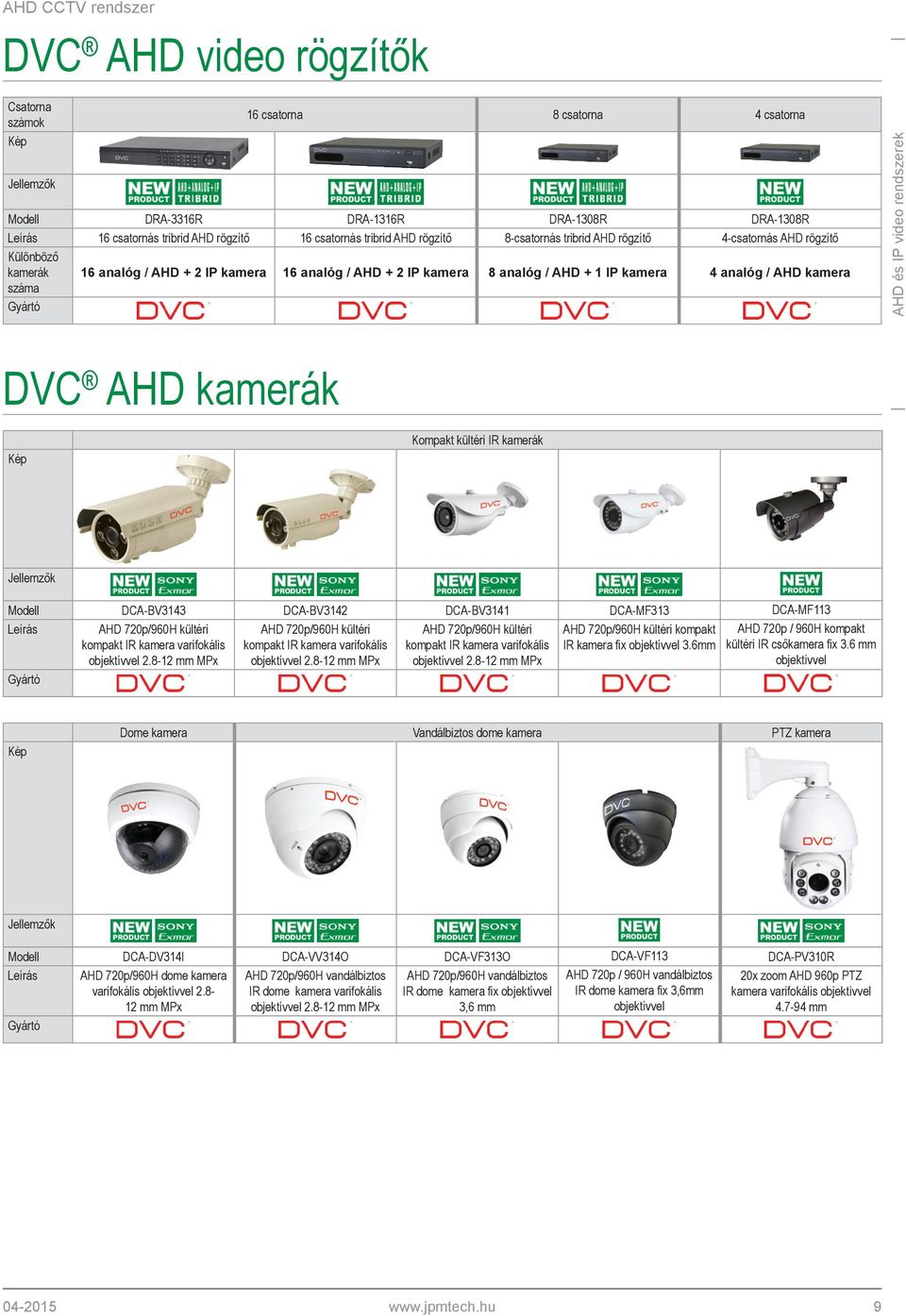 analóg / AHD kamera száma AHD és IP video rendszerek DVC AHD kamerák Kép Kompakt kültéri IR kamerák Jellemzők Modell DCA-BV3143 DCA-BV3142 DCA-BV3141 DCA-MF313 DCA-MF113 Leírás AHD 720p/960H kültéri