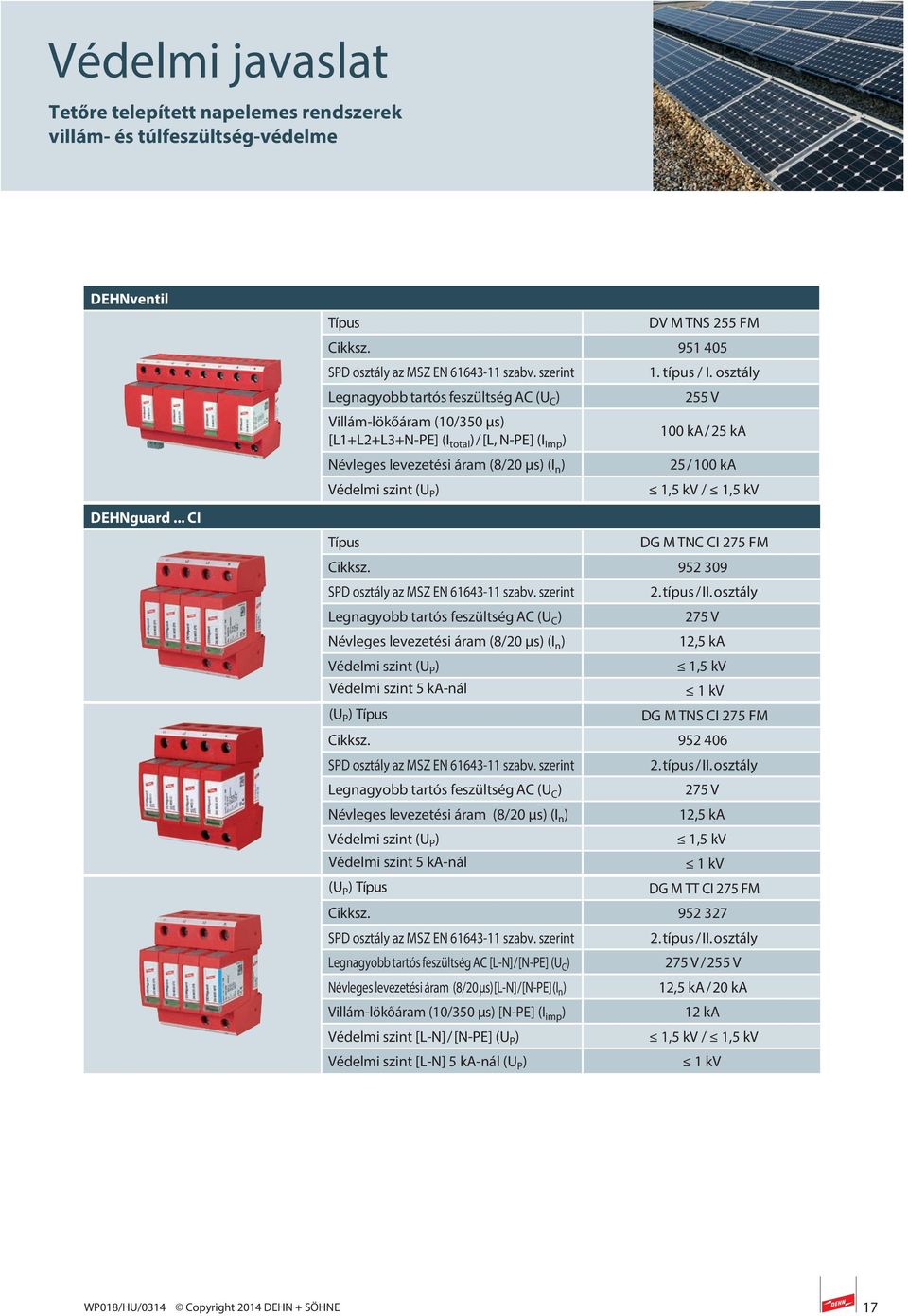 osztály 255 V 100 ka / 25 ka 25 / 100 ka 1,5 kv / 1,5 kv DG M TNC CI 275 FM Cikksz. 952 309 SPD osztály az MSZ EN 61643-11 szabv.