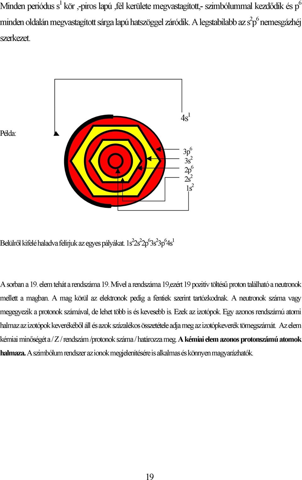 elem tehát a rendszáma 19. Mivel a rendszáma 19,ezért 19 pozitív töltésű proton található a neutronok mellett a magban. A mag körül az elektronok pedig a fentiek szerint tartózkodnak.