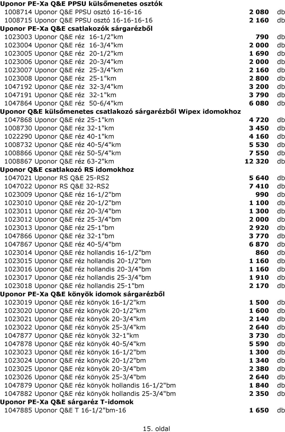 1023008 Uponor Q&E réz 25-1"km 2 800 db 1047192 Uponor Q&E réz 32-3/4"km 3 200 db 1047191 Uponor Q&E réz 32-1"km 3 790 db 1047864 Uponor Q&E réz 50-6/4"km 6 080 db Uponor Q&E külsőmenetes csatlakozó