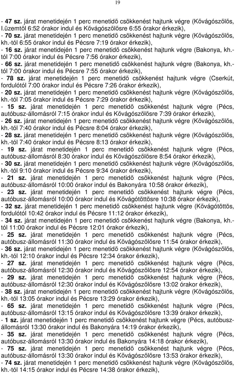 járat menetidején 1 perc menetidő csökkenést hajtunk végre (Bakonya, kh.- tól 7:00 órakor indul és Pécsre 7:56 órakor - 66 sz. járat menetidején 1 perc menetidő csökkenést hajtunk végre (Bakonya, kh.