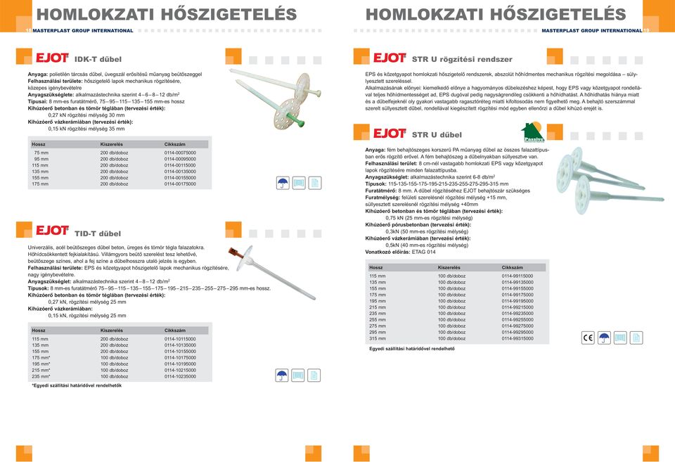 téglában (tervezési érték): 0,27 kn rögzítési mélység 30 mm Kihúzóerő vázkerámiában (tervezési érték): 0,15 kn rögzítési mélység 35 mm Hossz 75 mm 200 db/doboz 0114-00075000 95 mm 200 db/doboz