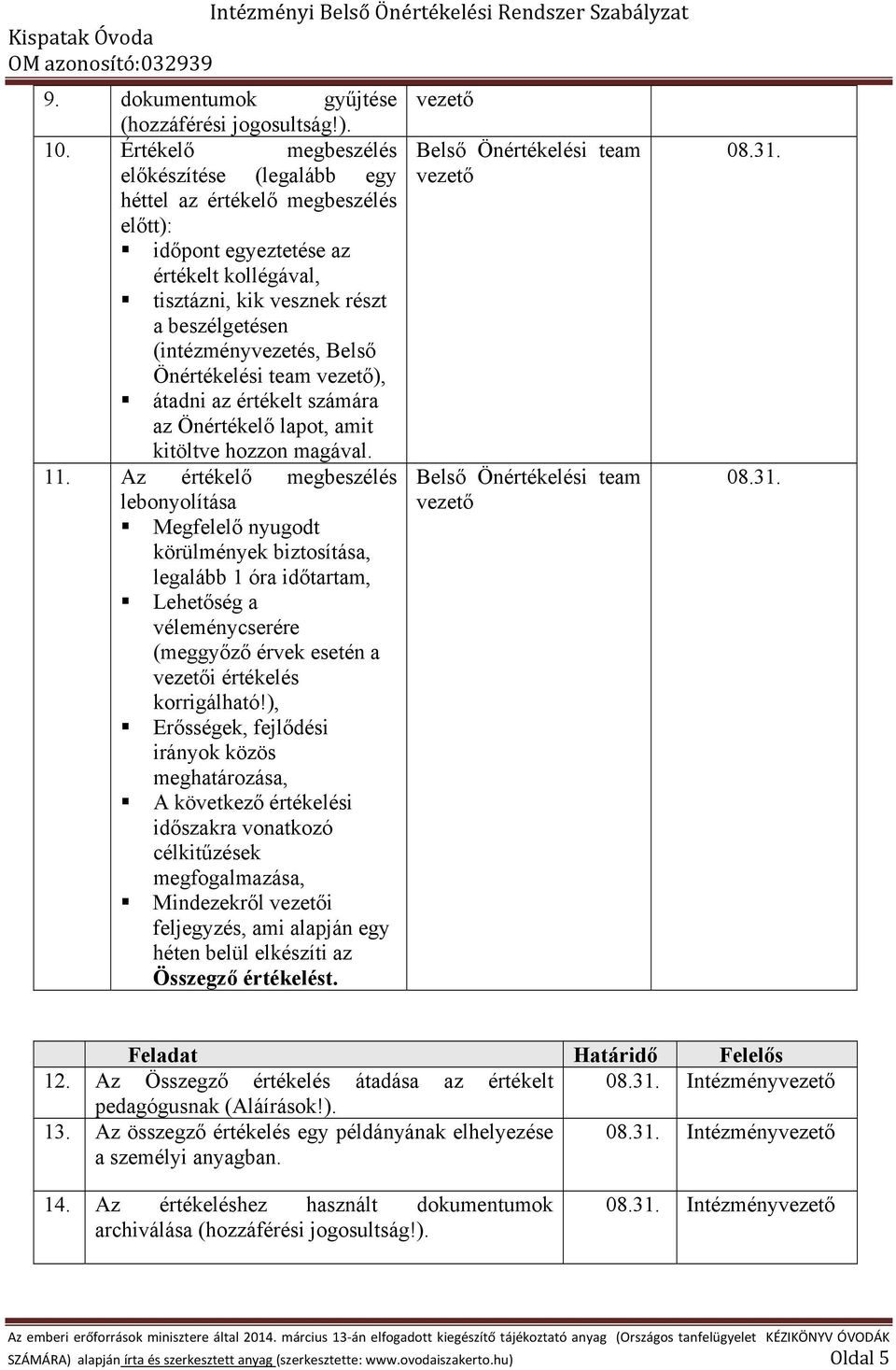 Belső Önértékelési team ), átadni az értékelt számára az Önértékelő lapot, amit kitöltve hozzon magával. 11.